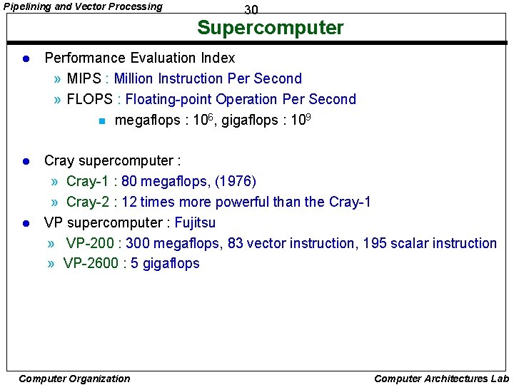 Pipelining and Vector Processing 30 Supercomputer l Performance Evaluation Index » MIPS : Million