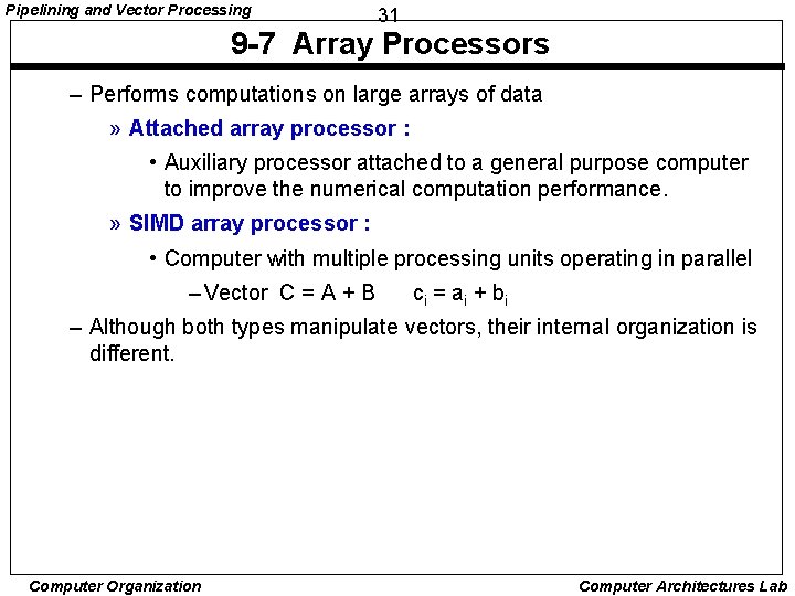 Pipelining and Vector Processing 31 9 -7 Array Processors – Performs computations on large