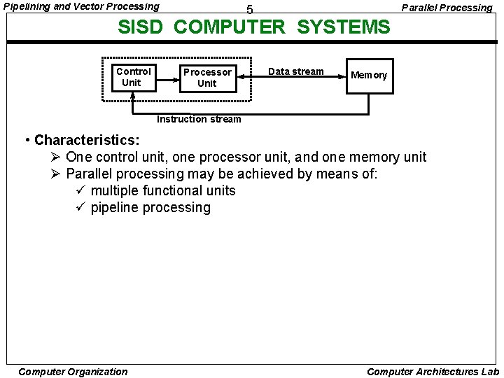 Pipelining and Vector Processing Parallel Processing 5 SISD COMPUTER SYSTEMS Control Unit Processor Unit