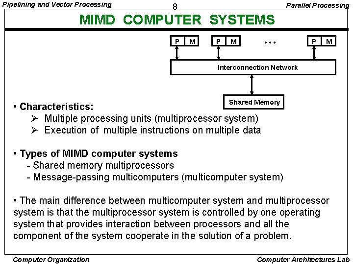 Pipelining and Vector Processing Parallel Processing 8 MIMD COMPUTER SYSTEMS P M • •