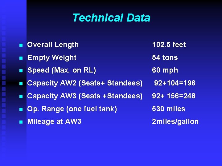 Technical Data n Overall Length 102. 5 feet n Empty Weight 54 tons n Technical Data n Overall Length 102. 5 feet n Empty Weight 54 tons n