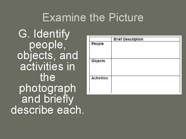 Examine the Picture G. Identify people, objects, and activities in the photograph and briefly