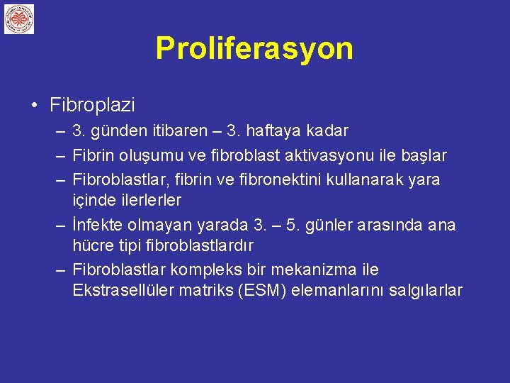 Proliferasyon • Fibroplazi – 3. günden itibaren – 3. haftaya kadar – Fibrin oluşumu