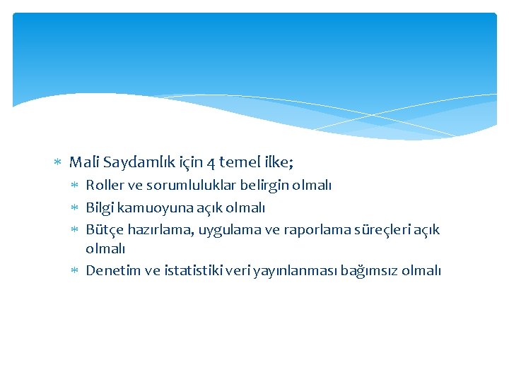  Mali Saydamlık için 4 temel ilke; Roller ve sorumluluklar belirgin olmalı Bilgi kamuoyuna