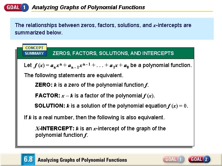 Analyzing Graphs of Polynomial Functions The relationships between zeros, factors, solutions, and x-intercepts are