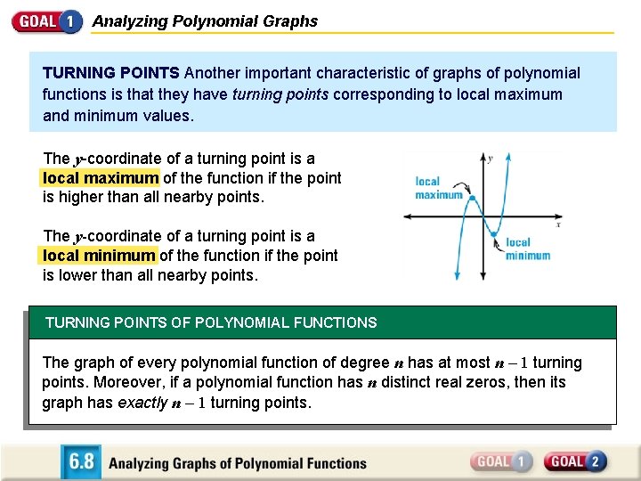 Analyzing Polynomial Graphs TURNING POINTS Another important characteristic of graphs of polynomial functions is