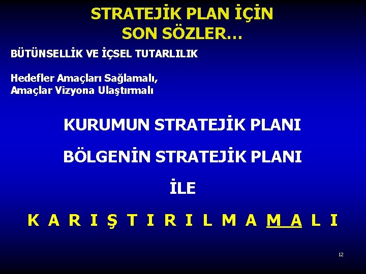 STRATEJİK PLAN İÇİN SON SÖZLER… BÜTÜNSELLİK VE İÇSEL TUTARLILIK Hedefler Amaçları Sağlamalı, Amaçlar Vizyona