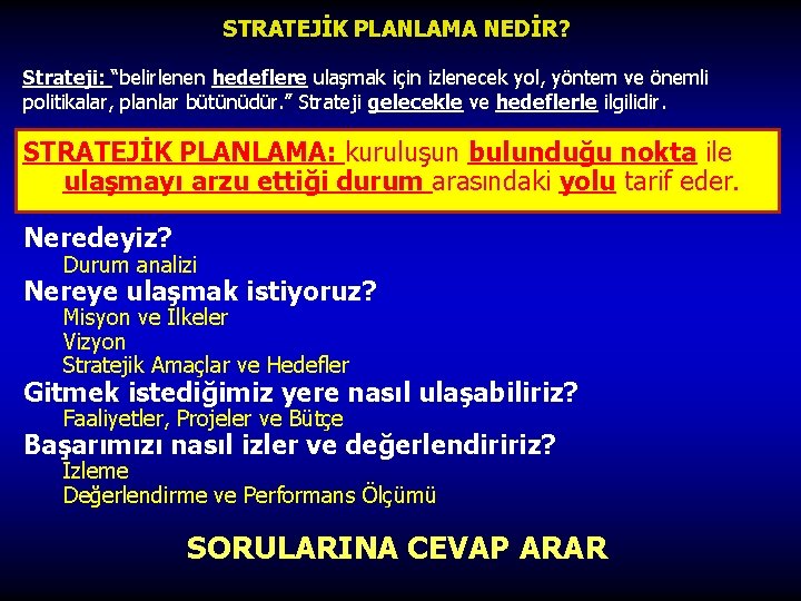 STRATEJİK PLANLAMA NEDİR? Strateji: “belirlenen hedeflere ulaşmak için izlenecek yol, yöntem ve önemli politikalar,