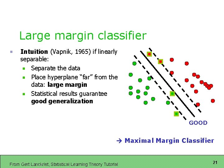 Large margin classifier Intuition (Vapnik, 1965) if linearly separable: Separate the data Place hyperplane