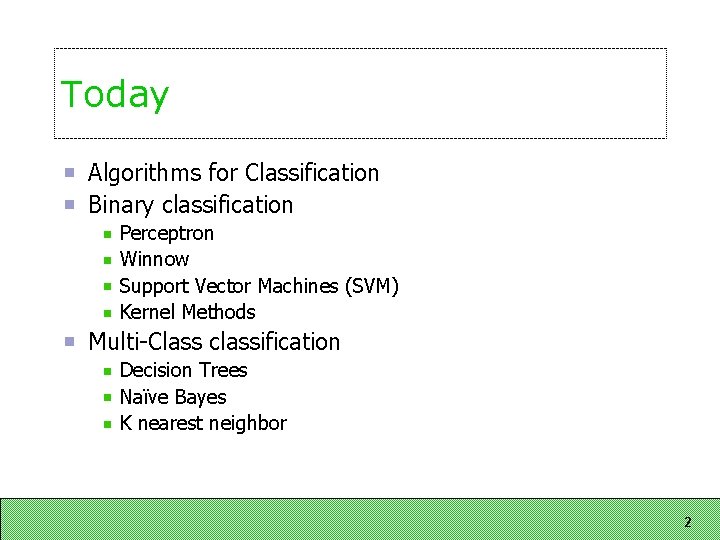 Today Algorithms for Classification Binary classification Perceptron Winnow Support Vector Machines (SVM) Kernel Methods