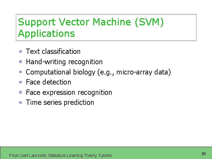 Support Vector Machine (SVM) Applications Text classification Hand-writing recognition Computational biology (e. g. ,