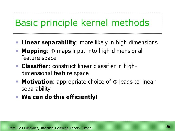Basic principle kernel methods Linear separability: more likely in high dimensions Mapping: maps input