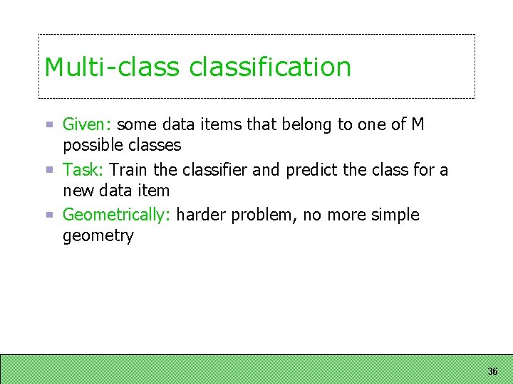 Multi-classification Given: some data items that belong to one of M possible classes Task: