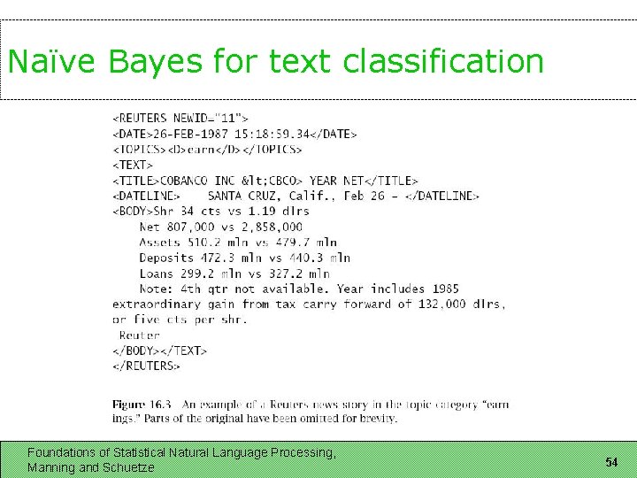 Naïve Bayes for text classification Foundations of Statistical Natural Language Processing, Manning and Schuetze