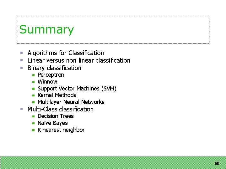 Summary Algorithms for Classification Linear versus non linear classification Binary classification Perceptron Winnow Support