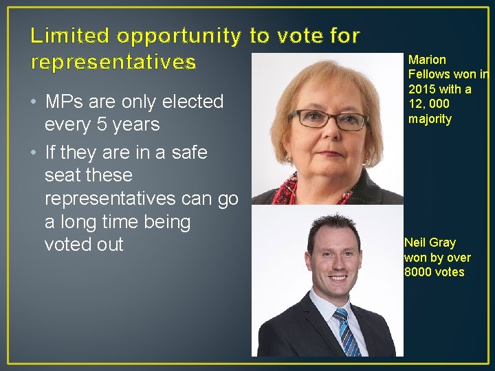 Limited opportunity to vote for representatives • MPs are only elected every 5 years