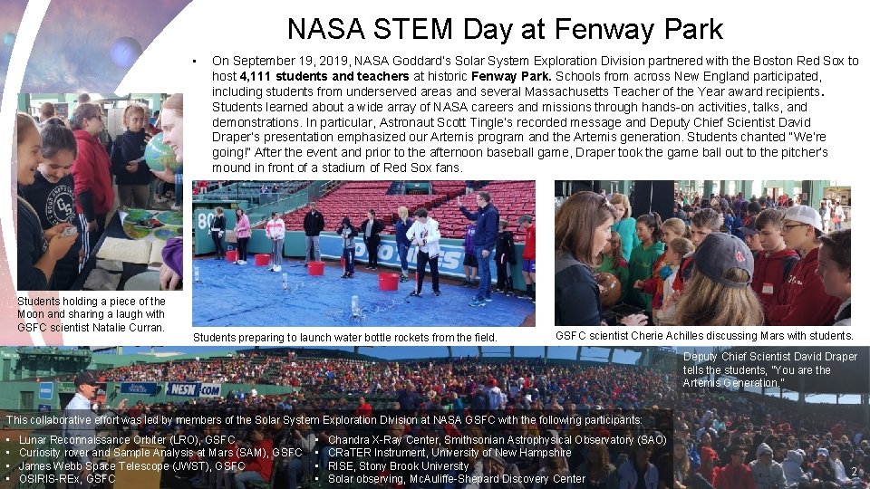 NASA STEM Day at Fenway Park • Students holding a piece of the Moon