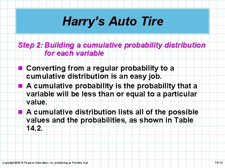 Harry’s Auto Tire Step 2: Building a cumulative probability distribution for each variable n