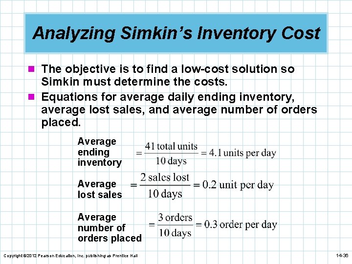 Analyzing Simkin’s Inventory Cost n The objective is to find a low-cost solution so