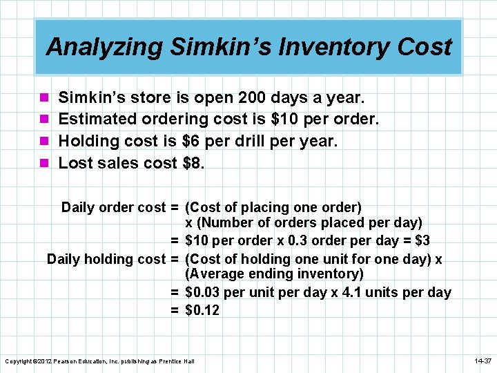 Analyzing Simkin’s Inventory Cost n Simkin’s store is open 200 days a year. n