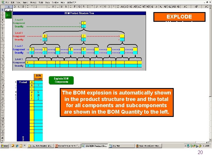 EXPLODE Worksheet The BOM explosion is automatically shown in the product structure tree and