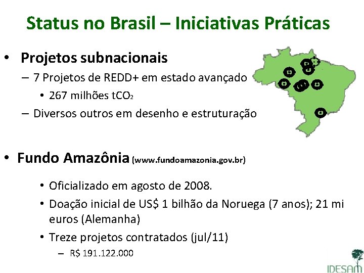 Status no Brasil – Iniciativas Práticas • Projetos subnacionais – 7 Projetos de REDD+