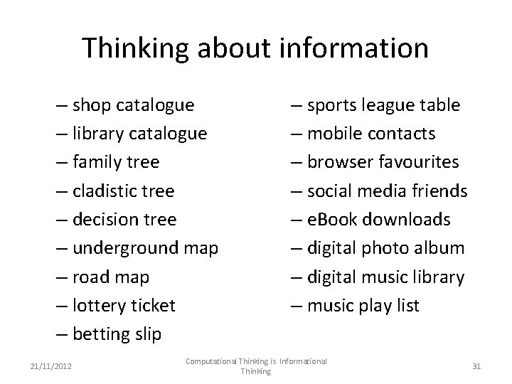 Thinking about information – shop catalogue – library catalogue – family tree – cladistic
