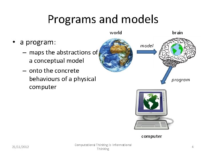 Programs and models world • a program: – maps the abstractions of a conceptual
