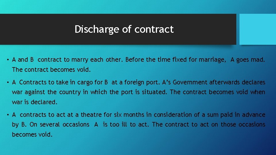 Discharge of contract • A and B contract to marry each other. Before the
