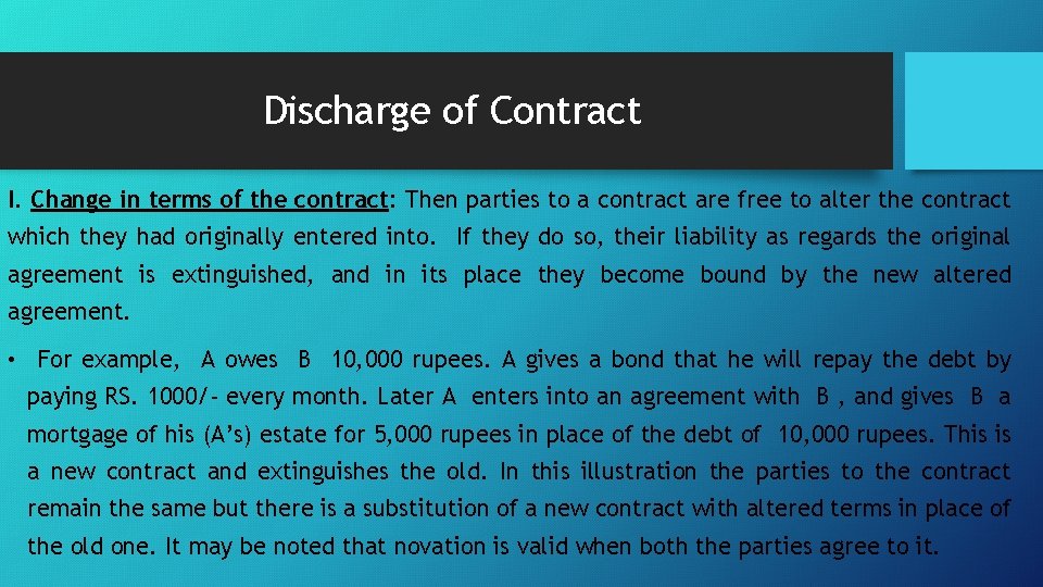 Discharge of Contract I. Change in terms of the contract: Then parties to a