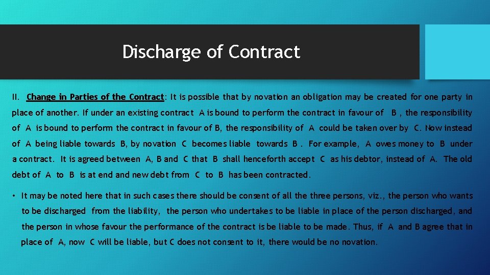 Discharge of Contract II. Change in Parties of the Contract: It is possible that