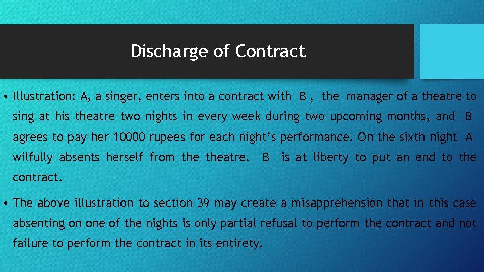 Discharge of Contract • Illustration: A, a singer, enters into a contract with B