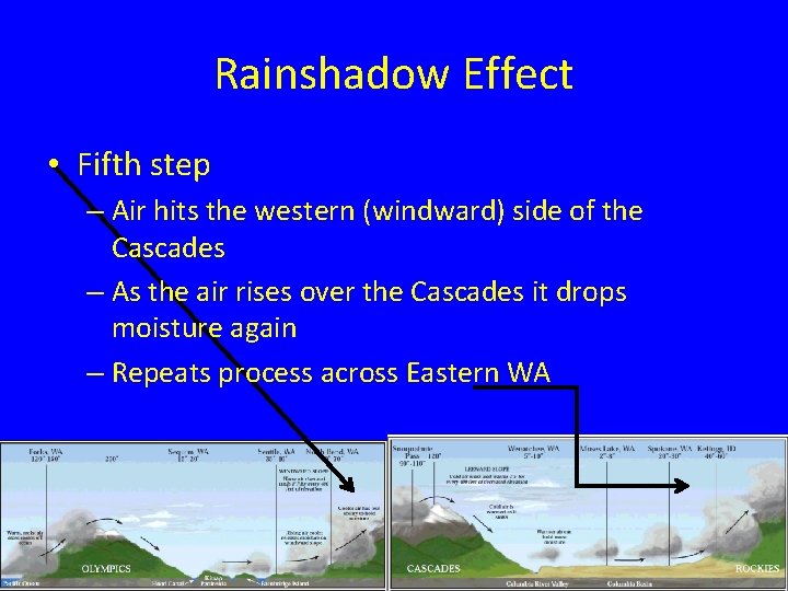 Rainshadow Effect • Fifth step – Air hits the western (windward) side of the
