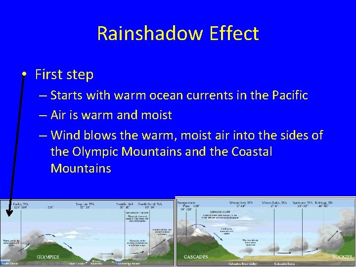Rainshadow Effect • First step – Starts with warm ocean currents in the Pacific