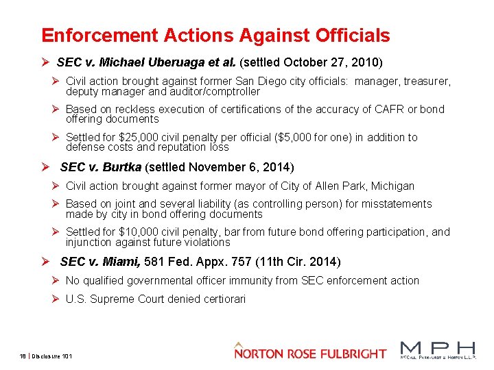 Enforcement Actions Against Officials Ø SEC v. Michael Uberuaga et al. (settled October 27,