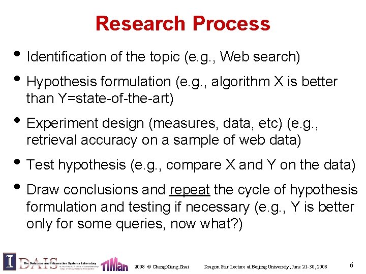 Research Process • Identification of the topic (e. g. , Web search) • Hypothesis