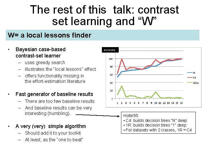 The rest of this talk: contrast set learning and “W” W= a local lessons