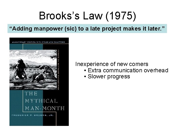 Brooks’s Law (1975) “Adding manpower (sic) to a late project makes it later. ”
