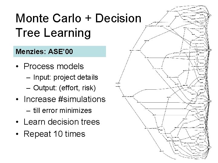 72/46 Monte Carlo + Decision Tree Learning Menzies: ASE’ 00 • Process models –