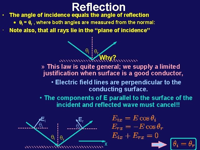 Reflection • The angle of incidence equals the angle of reflection · qi =