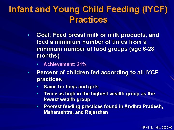 Infant and Young Child Feeding (IYCF) Practices • Goal: Feed breast milk or milk