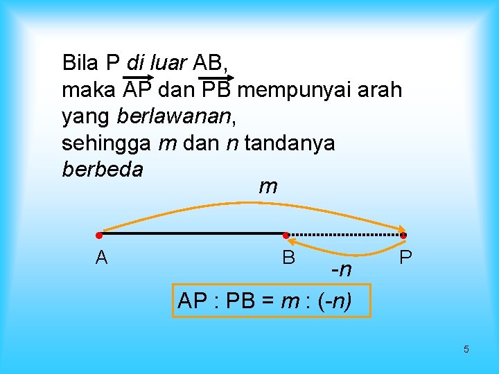 Bila P di luar AB, maka AP dan PB mempunyai arah yang berlawanan, sehingga