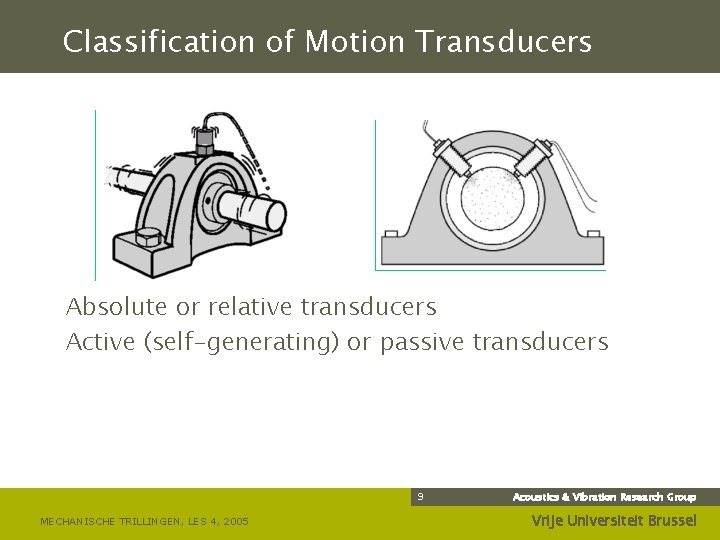 Classification of Motion Transducers Absolute or relative transducers Active (self-generating) or passive transducers 9