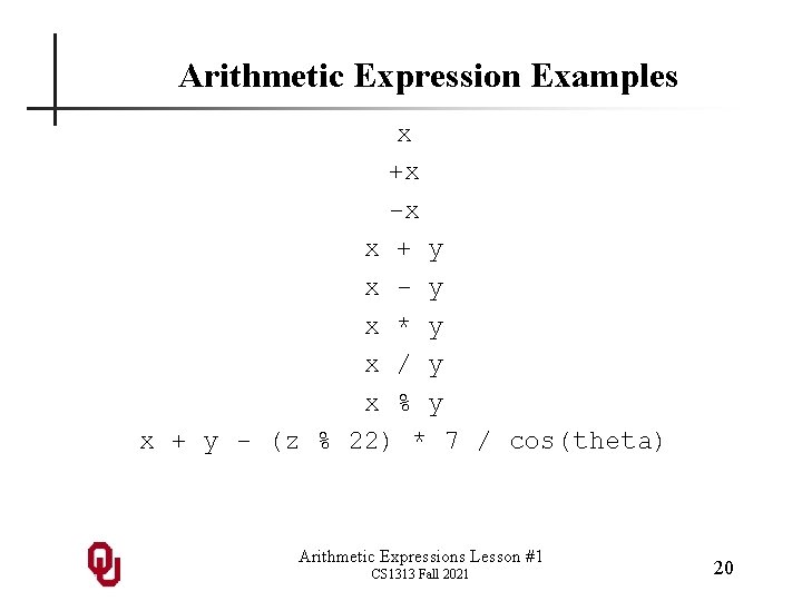 Arithmetic Expression Examples x +x -x x + y x - y x *