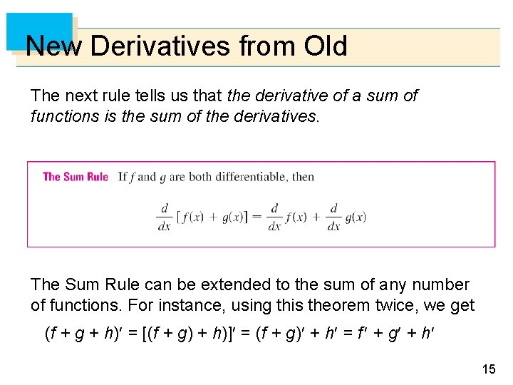 New Derivatives from Old The next rule tells us that the derivative of a