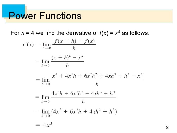 Power Functions For n = 4 we find the derivative of f (x) =