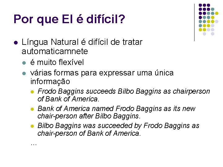 Por que EI é difícil? l Língua Natural é difícil de tratar automaticamnete l