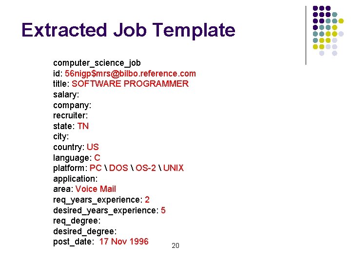 Extracted Job Template computer_science_job id: 56 nigp$mrs@bilbo. reference. com title: SOFTWARE PROGRAMMER salary: company: