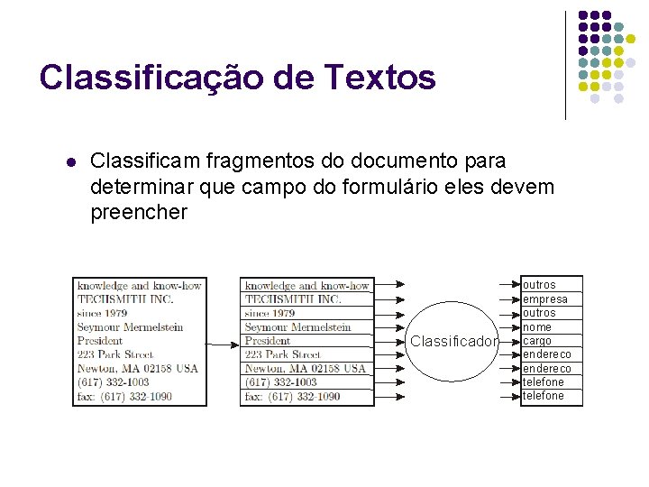 Classificação de Textos l Classificam fragmentos do documento para determinar que campo do formulário