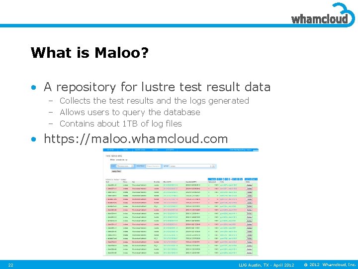 What is Maloo? • A repository for lustre test result data – Collects the